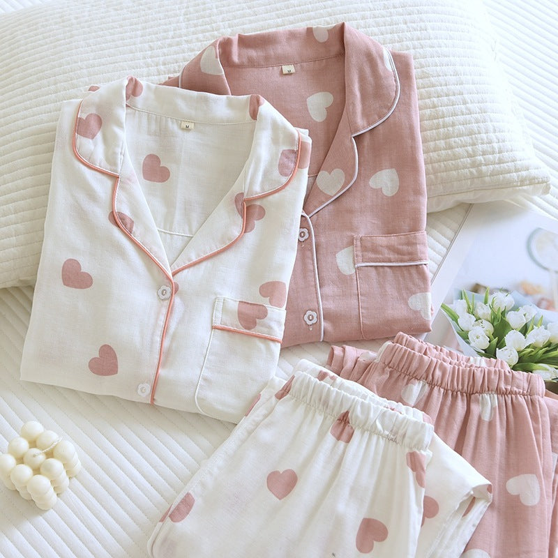 Women’s Cotton Pajama Set – Cute Love Heart Gauze Long Sleeve Top & Pants Sleepwear