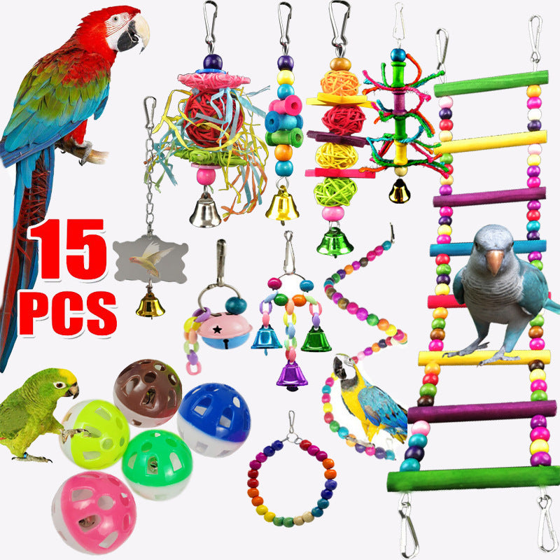 10-Piece Parrot Toy Set – Wooden Bead Revolving Ladder, Swing Stand, Wooden Ladder, Sepak Takraw & Gnawing Toys