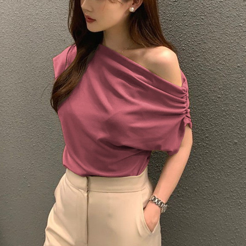 Women’s Solid Color Socialite Pullover Top – Chic Polyester Blend Blouse