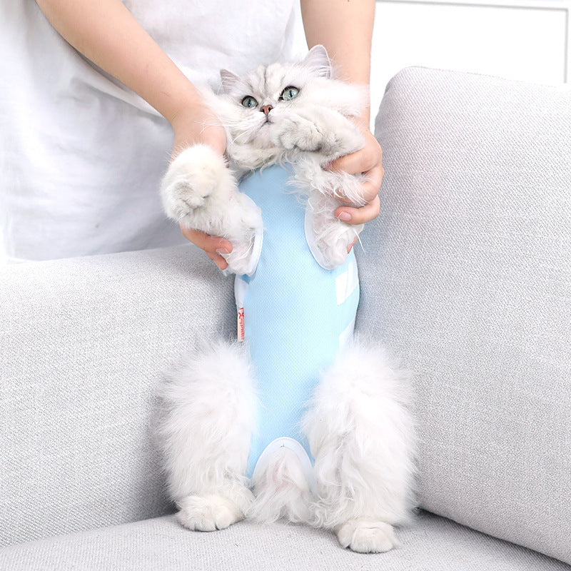 Breathable Cable Tie Surgical Gown for Pets – Casual Polyester Pet Clothes in Blue & White