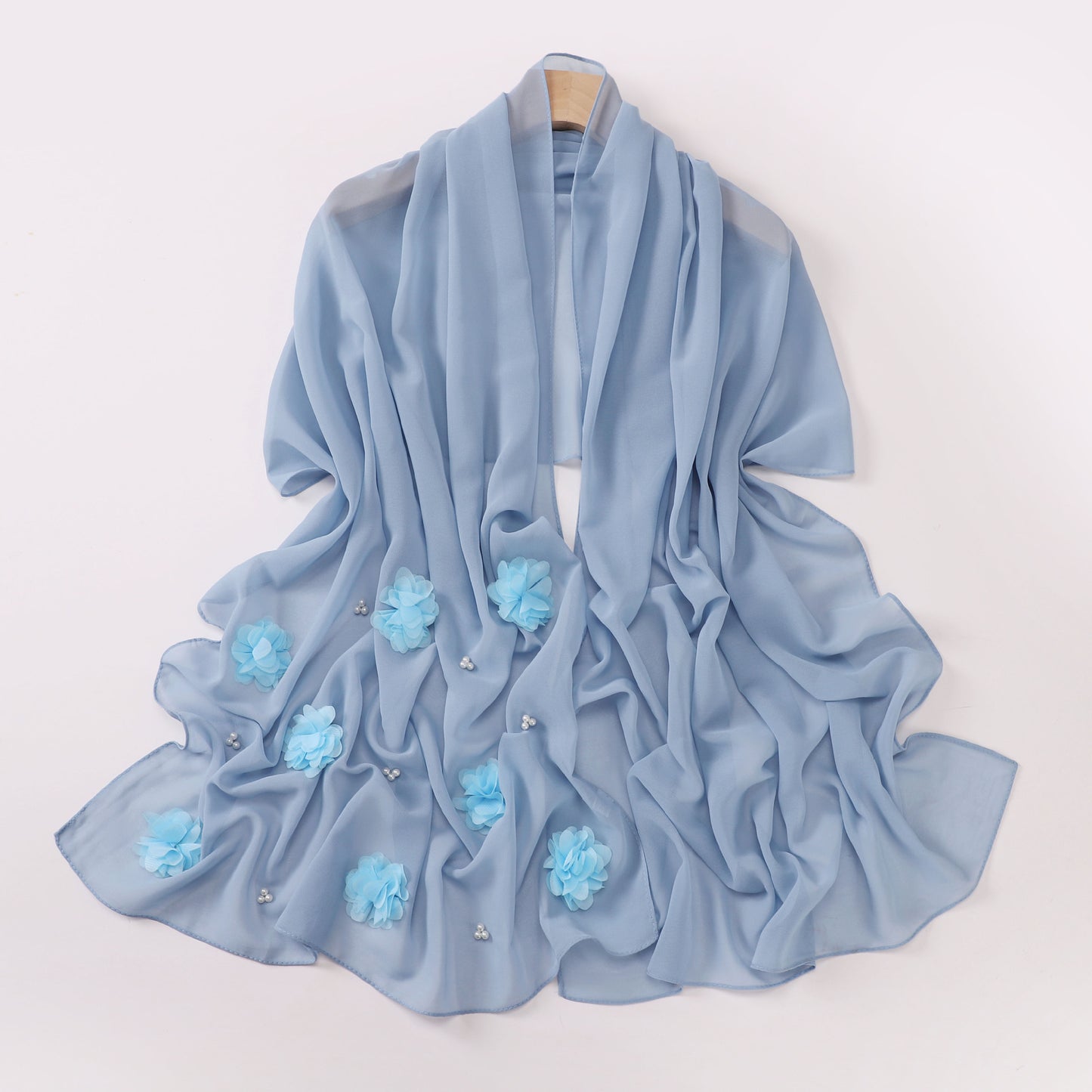 Pearl Chiffon Handmade Sticky Flower Beaded Scarf Hui Gauze