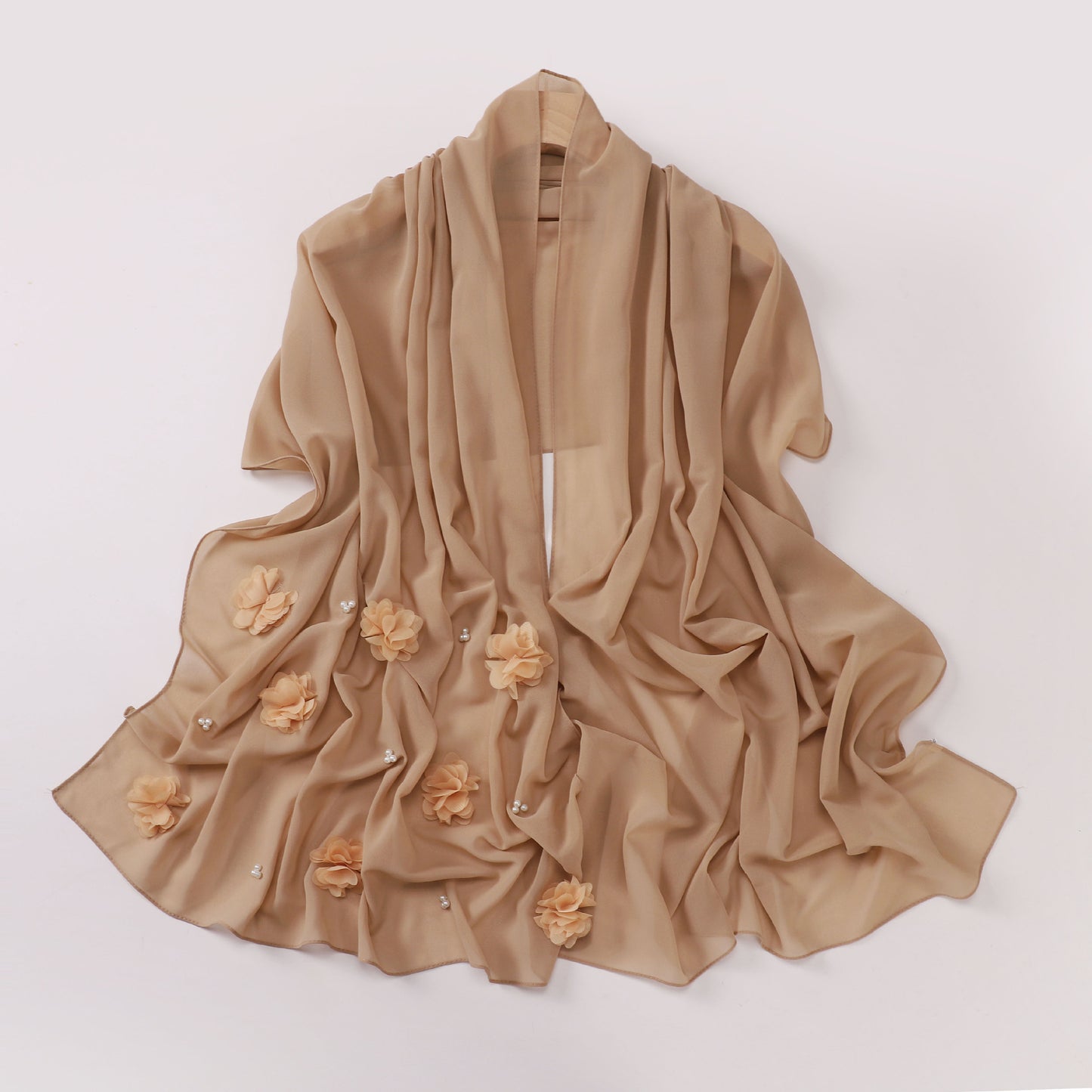 Pearl Chiffon Handmade Sticky Flower Beaded Scarf Hui Gauze