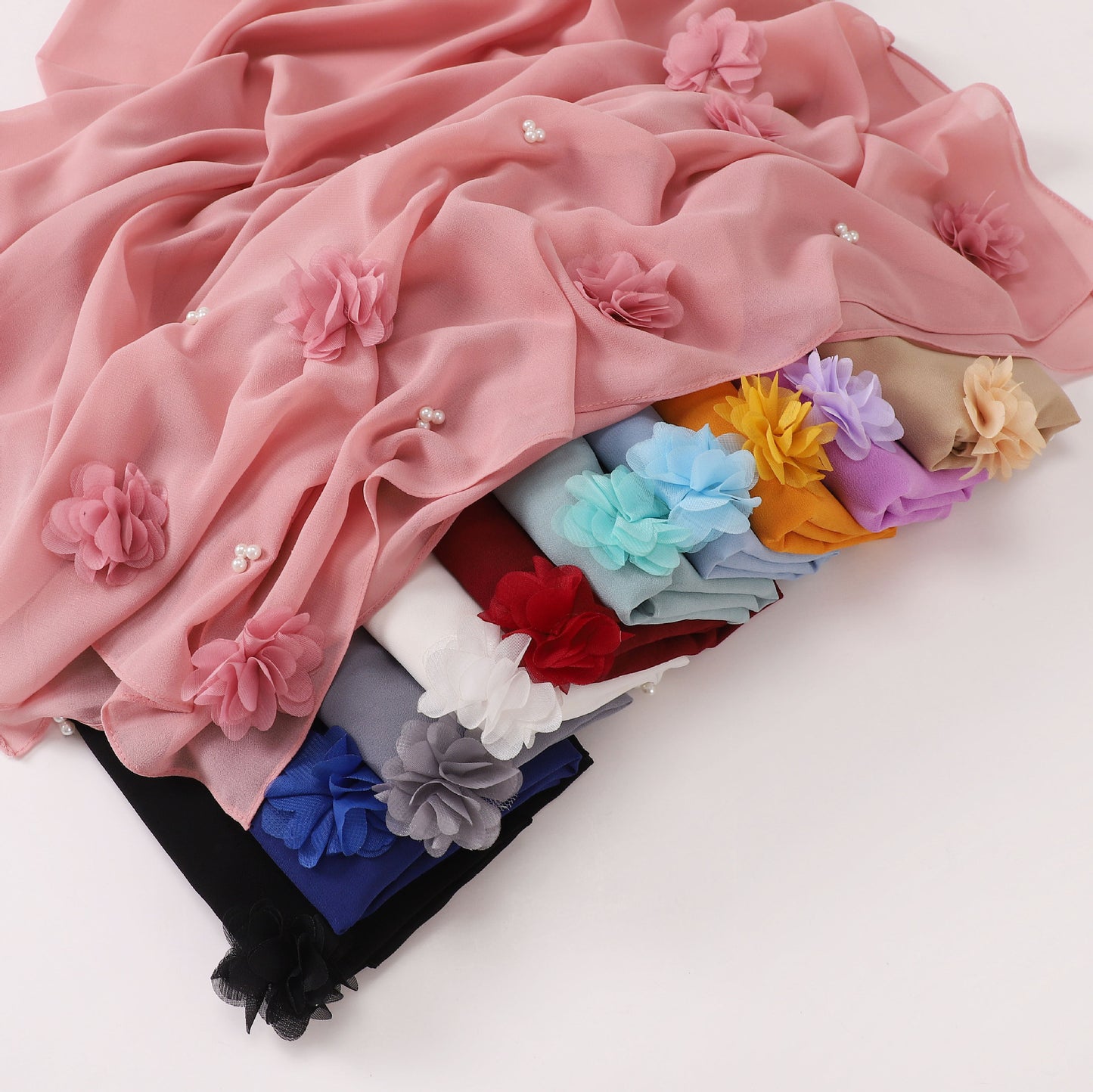 Pearl Chiffon Handmade Sticky Flower Beaded Scarf Hui Gauze