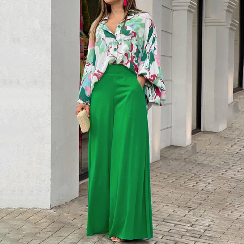 Women’s Solid Color Long Sleeve Polyester Pantsuit – Elegant Two-Piece Trousers Set