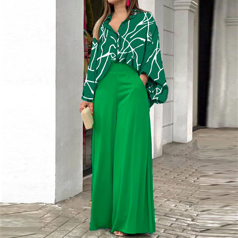 Women’s Solid Color Long Sleeve Polyester Pantsuit – Elegant Two-Piece Trousers Set