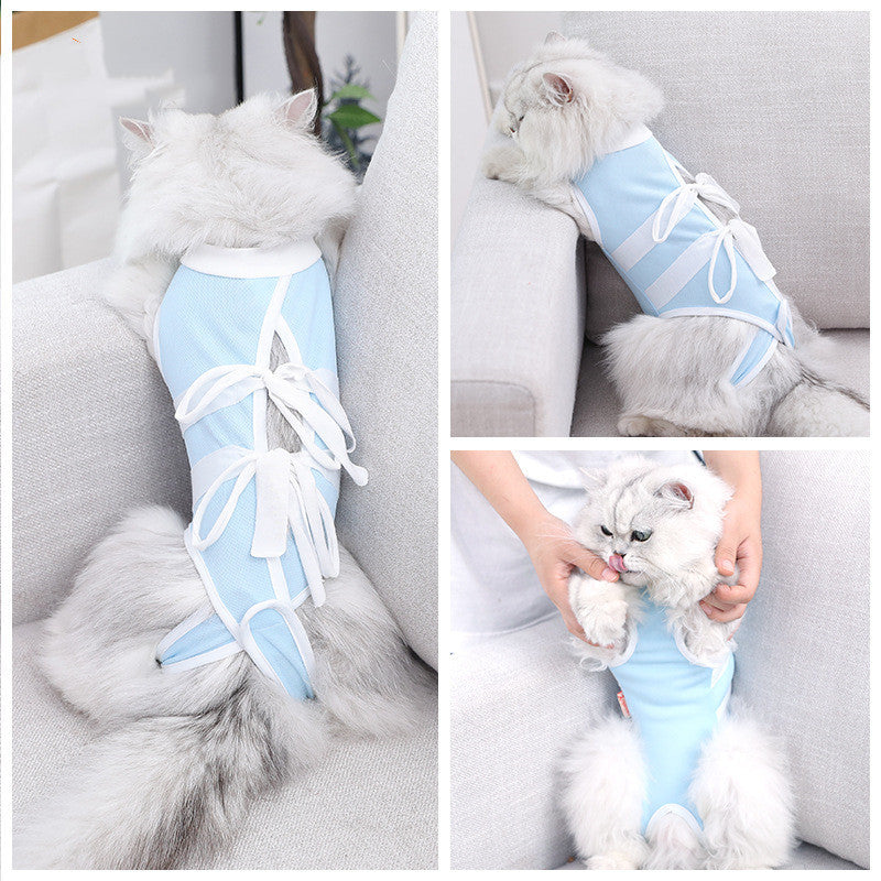 Breathable Cable Tie Surgical Gown for Pets – Casual Polyester Pet Clothes in Blue & White