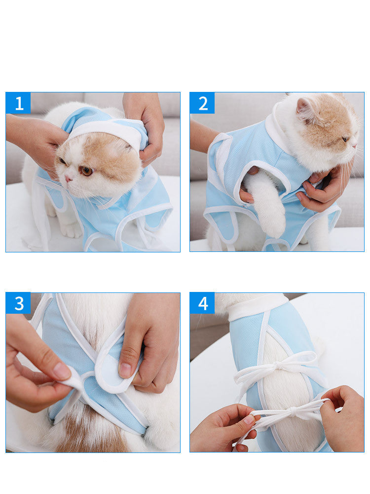 Breathable Cable Tie Surgical Gown for Pets – Casual Polyester Pet Clothes in Blue & White