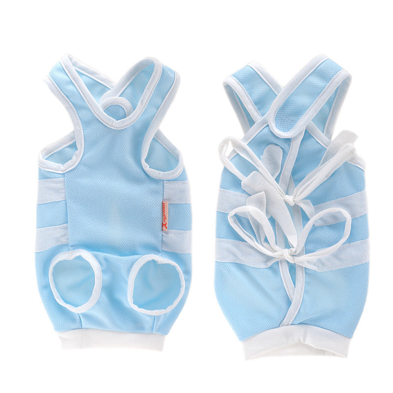 Breathable Cable Tie Surgical Gown for Pets – Casual Polyester Pet Clothes in Blue & White