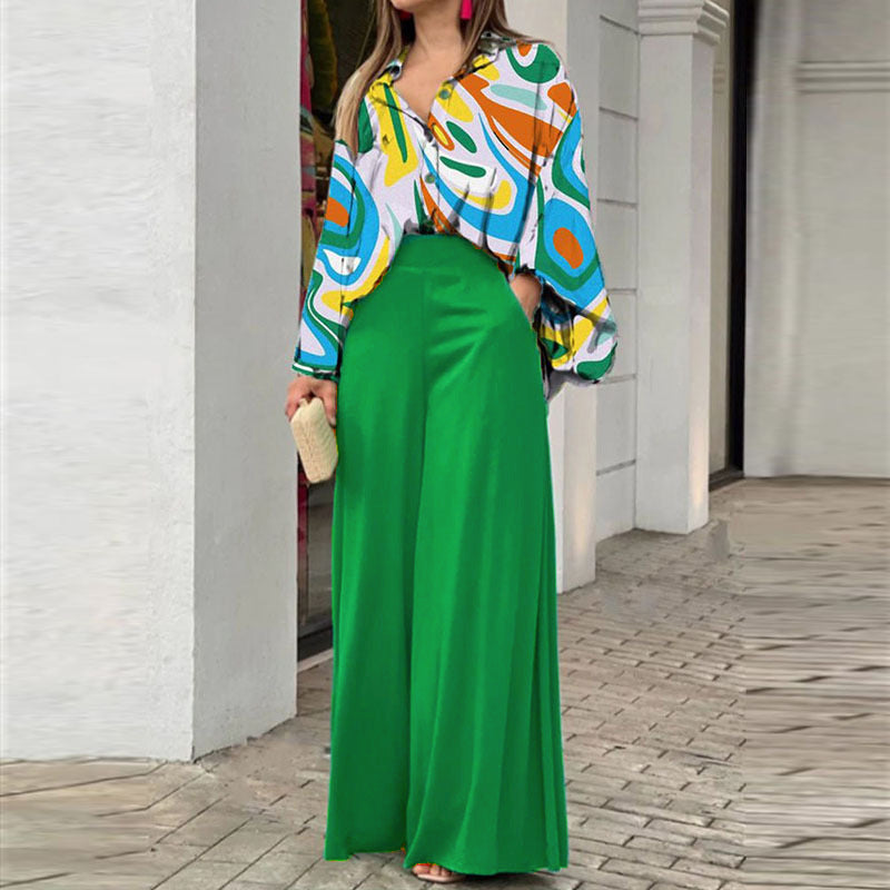 Women’s Solid Color Long Sleeve Polyester Pantsuit – Elegant Two-Piece Trousers Set