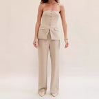 Elegante tweedelige set voor dames – mouwloze top met knoopjes en lange broek voor werk, vrije tijd en avondkleding
