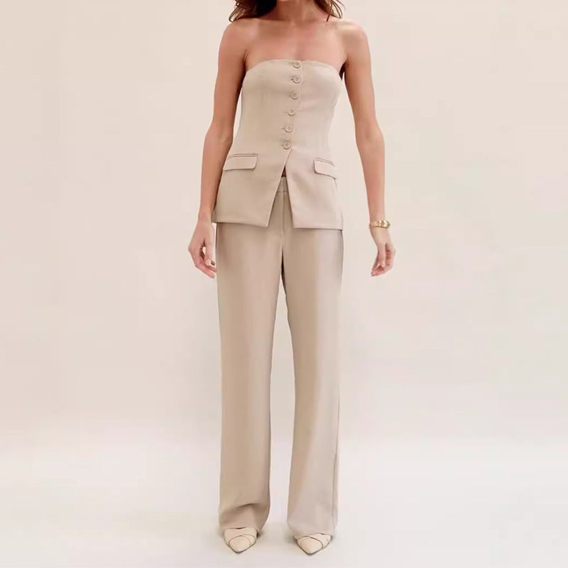 Women’s Elegant Two-Piece Set – Sleeveless Button Top & Full-Length Trousers for Work, Casual, and Evening Wear
