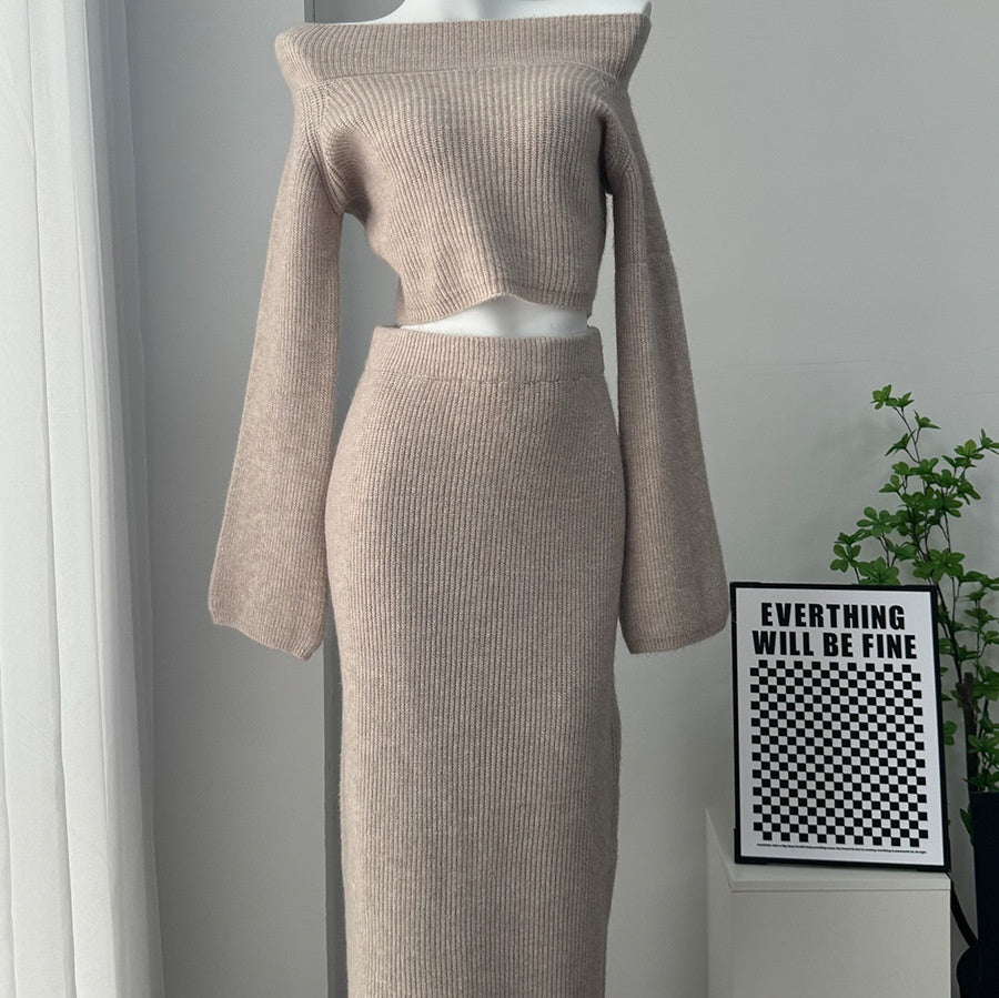 Women’s Solid Color Long Sleeve Sweater & Skirt Set – Acrylic Korean Casual Two-Piece Outfi