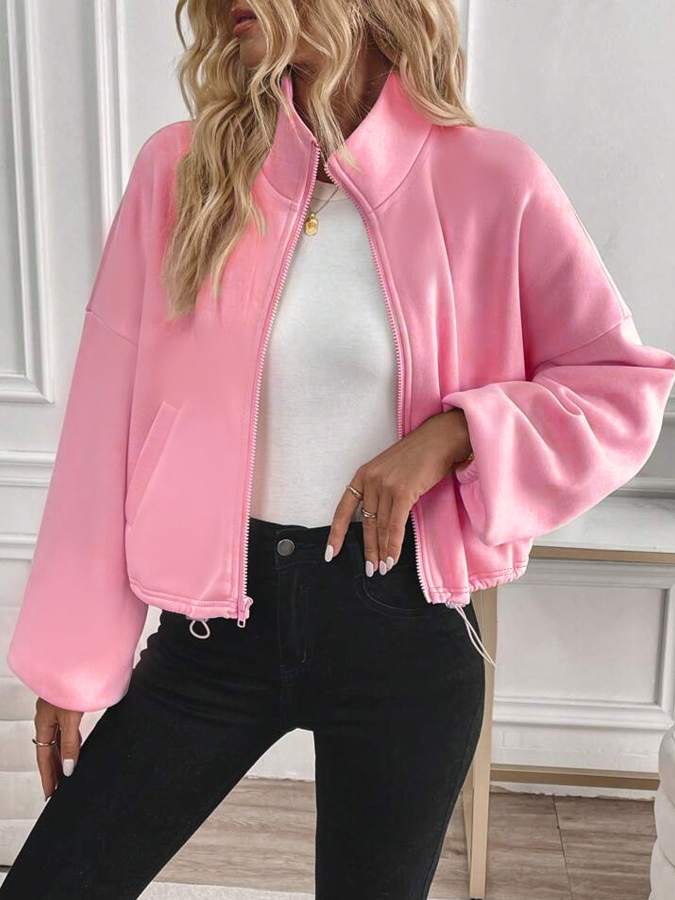 Women’s Plus Size Pink Cardigan – Long Sleeve Polyester Knit Sweater for Everyday Casual Wear