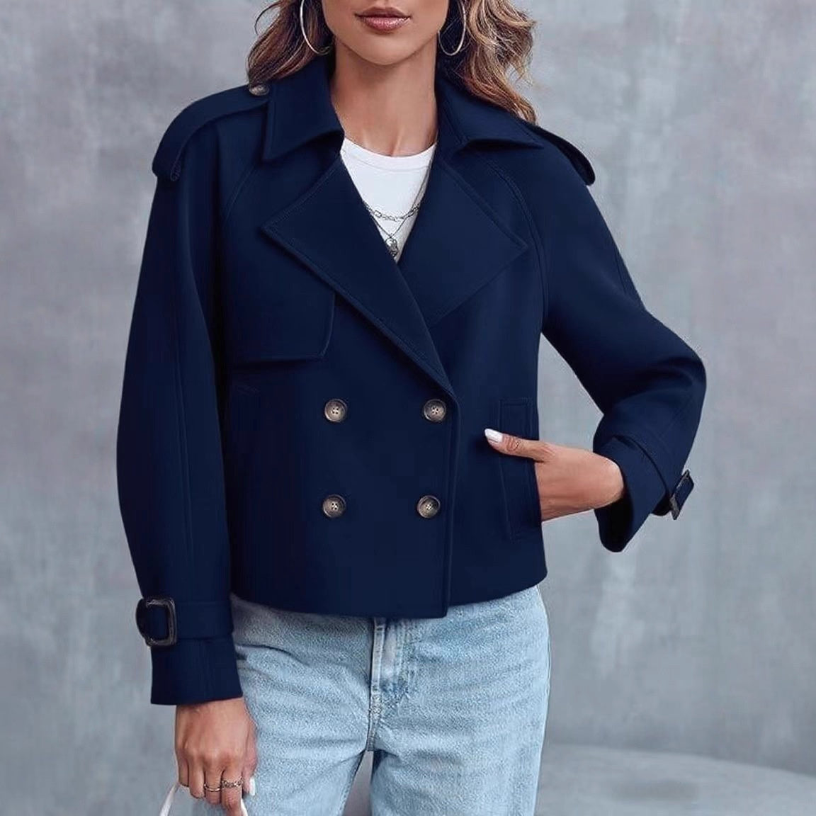 Women’s Double-Breasted Long Sleeve Coat – Elegant Polyester Blazer for Office & Casual Wear
