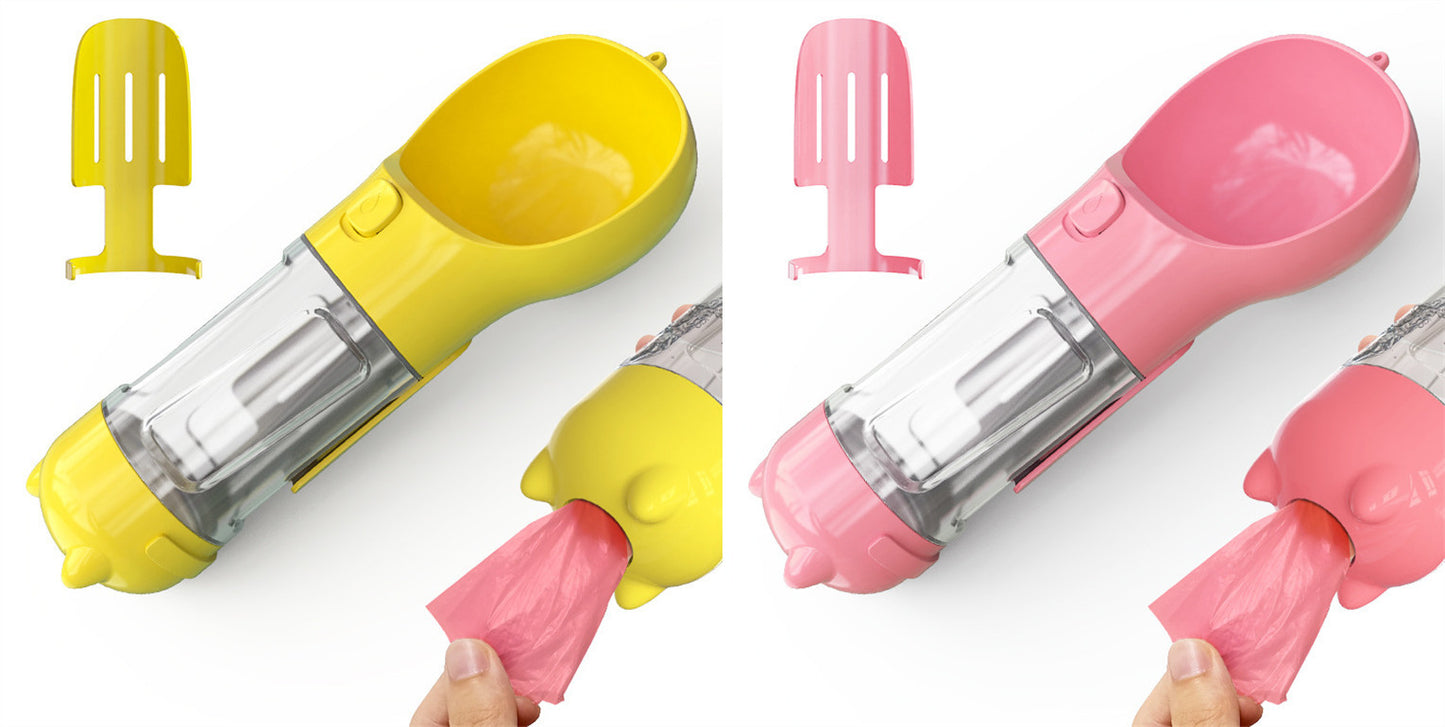 Portable Pet Water Bottle with Food Container & Waste Bag Dispenser – 300ML/500ML Travel Dog Water Dispenser