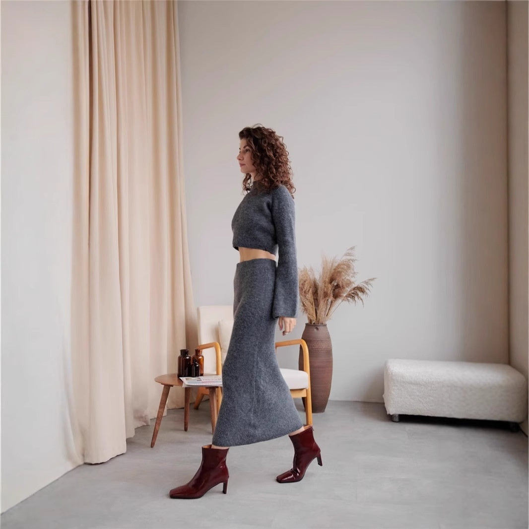 Women’s Solid Color Long Sleeve Sweater & Skirt Set – Acrylic Korean Casual Two-Piece Outfi