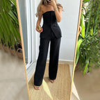 Elegante tweedelige set voor dames – mouwloze top met knoopjes en lange broek voor werk, vrije tijd en avondkleding