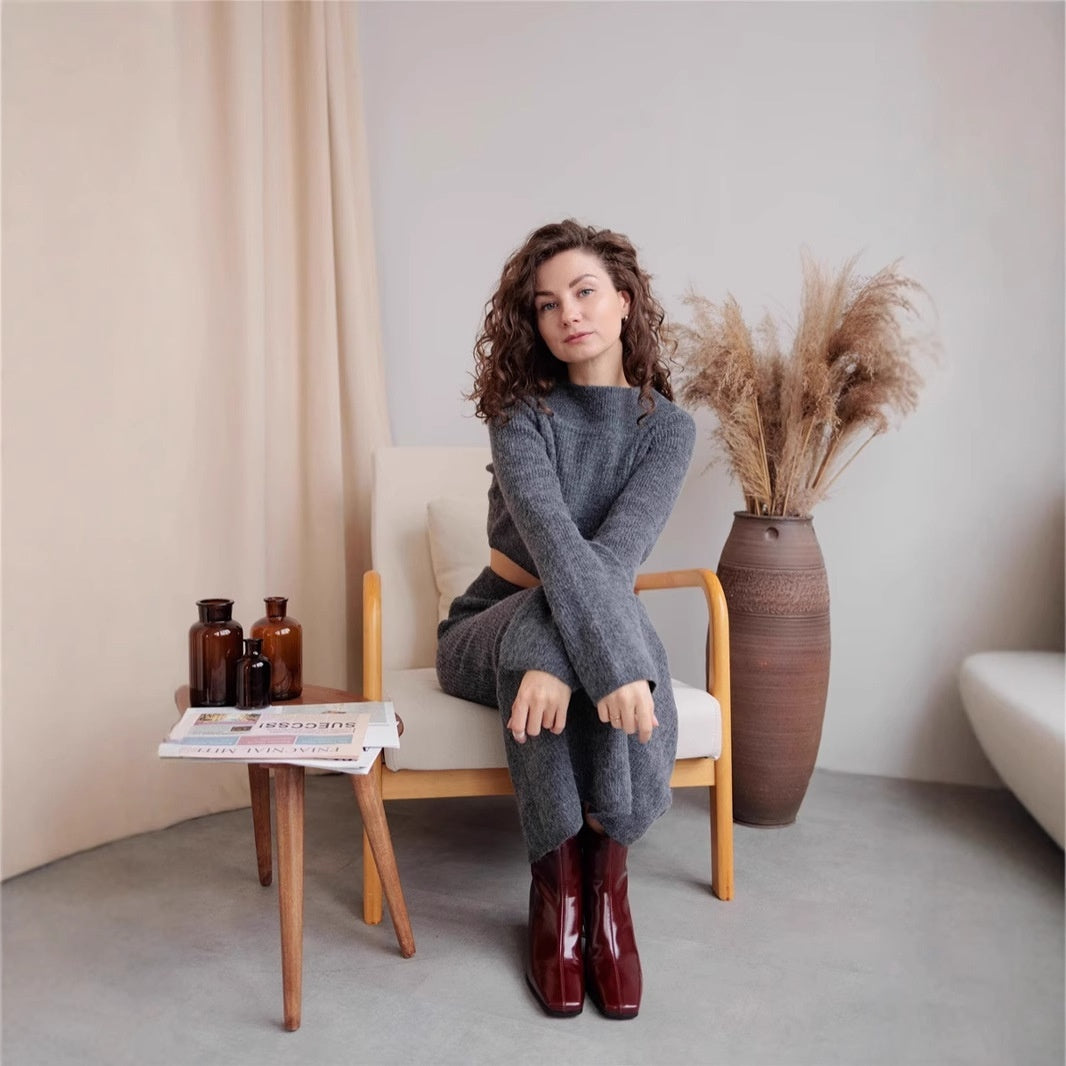 Women’s Solid Color Long Sleeve Sweater & Skirt Set – Acrylic Korean Casual Two-Piece Outfi