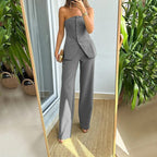 Elegante tweedelige set voor dames – mouwloze top met knoopjes en lange broek voor werk, vrije tijd en avondkleding