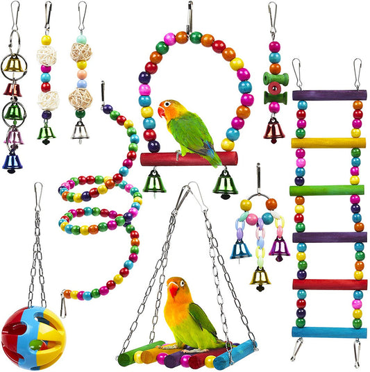 10-Piece Parrot Toy Set – Wooden Bead Revolving Ladder, Swing Stand, Wooden Ladder, Sepak Takraw & Gnawing Toys