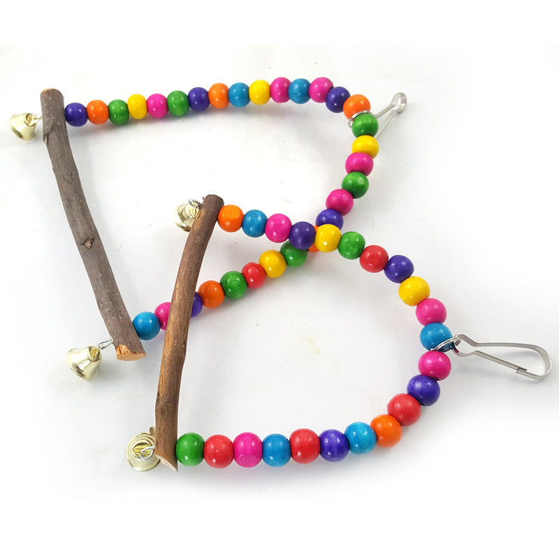 Hanging Wooden Bird Swing with Bells and Colorful Beads