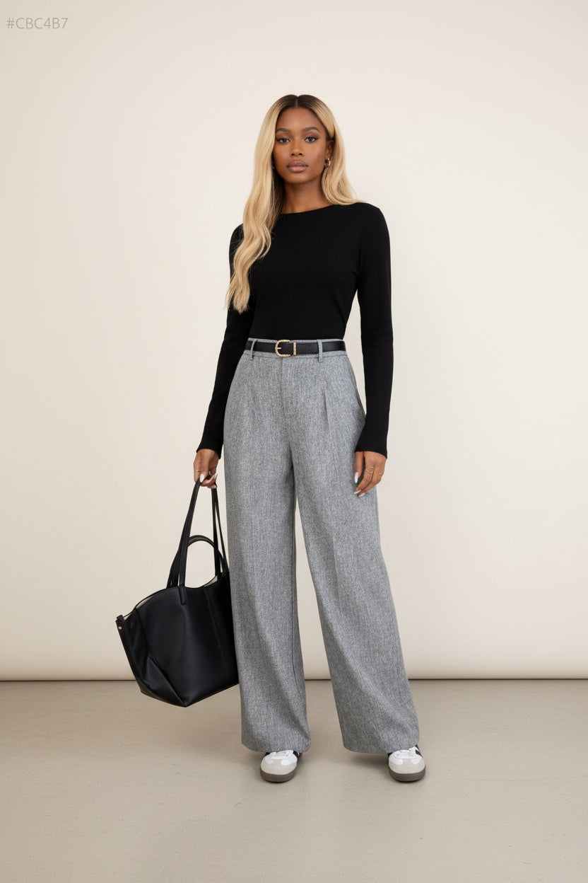 Womens New Style Fashionable Commuter Casual Elegant Gray High-Waist Straight-Leg Pants