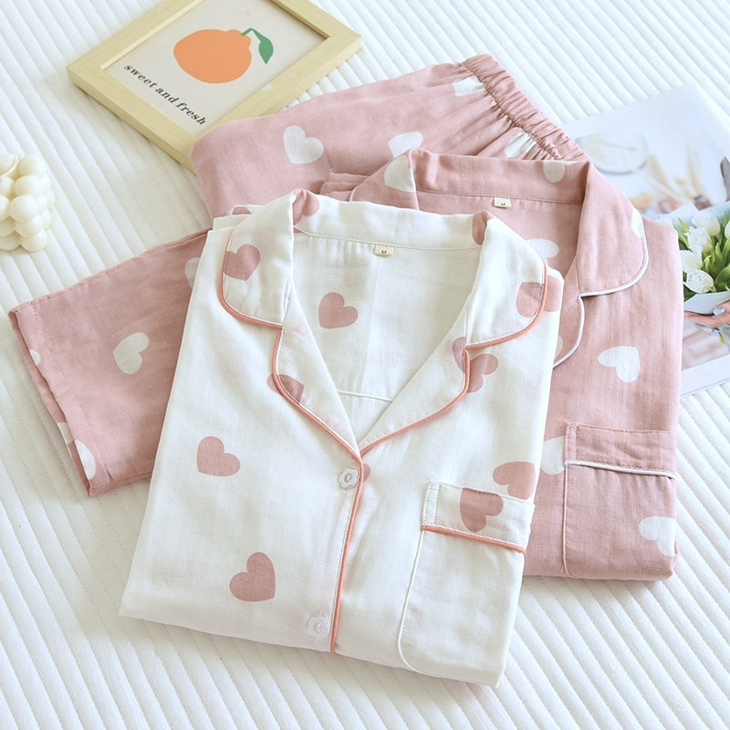 Women’s Cotton Pajama Set – Cute Love Heart Gauze Long Sleeve Top & Pants Sleepwear