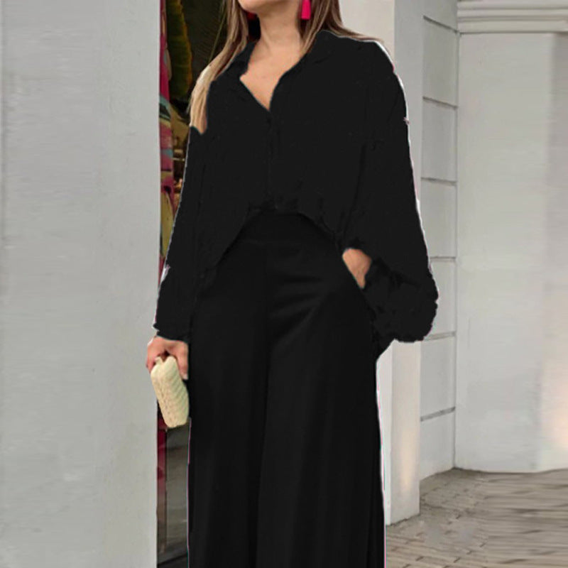 Women’s Solid Color Long Sleeve Polyester Pantsuit – Elegant Two-Piece Trousers Set