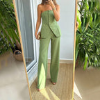 Elegante tweedelige set voor dames – mouwloze top met knoopjes en lange broek voor werk, vrije tijd en avondkleding