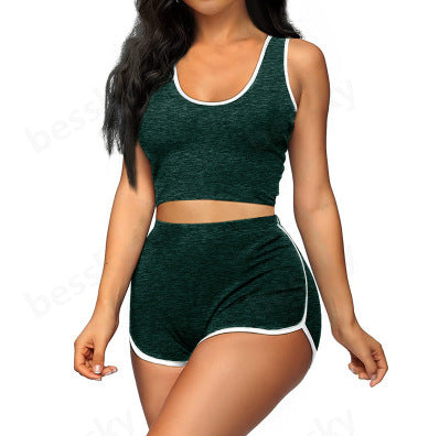 Women’s Color-Matching Sleeveless Top & Shorts Set – Casual Japanese & Korean Style