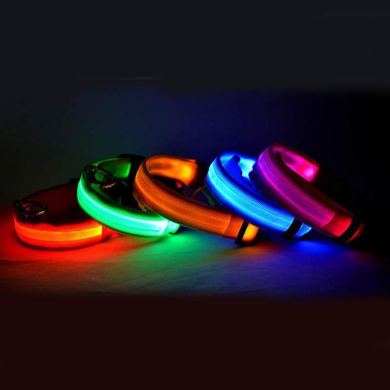 LED Nylon Safety Dog Collar – Adjustable, Waterproof, Rechargeable – 7 Color Options