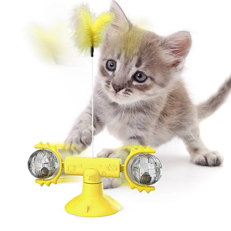 Interactive Cat Toy with Suction Base and Luminous Balls - Catnip Windmill Educational Play for Cats