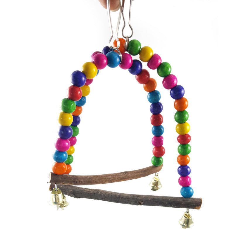 Hanging Wooden Bird Swing with Bells and Colorful Beads