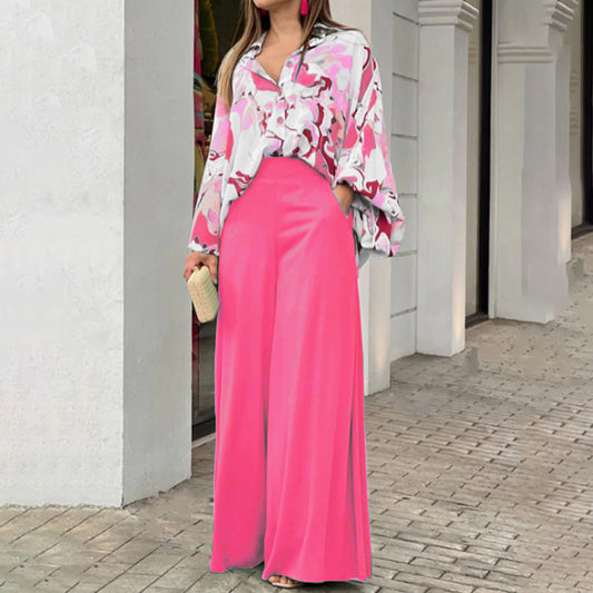 Women’s Solid Color Long Sleeve Polyester Pantsuit – Elegant Two-Piece Trousers Set