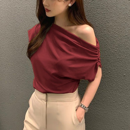 Women’s Solid Color Socialite Pullover Top – Chic Polyester Blend Blouse