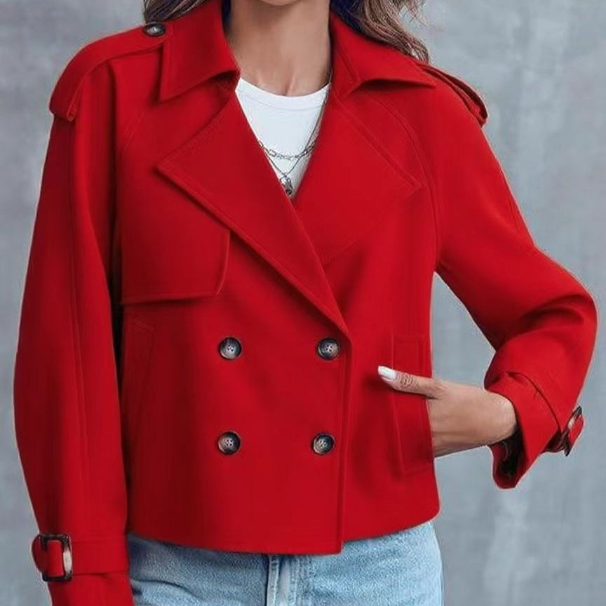 Women’s Double-Breasted Long Sleeve Coat – Elegant Polyester Blazer for Office & Casual Wear