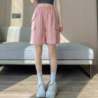 Women’s Street Fashion Elastic Waist Pocket Pants – Thin Polyester Fifth Pants