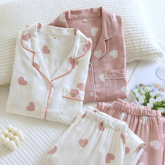 Women’s Cotton Pajama Set – Cute Love Heart Gauze Long Sleeve Top & Pants Sleepwear