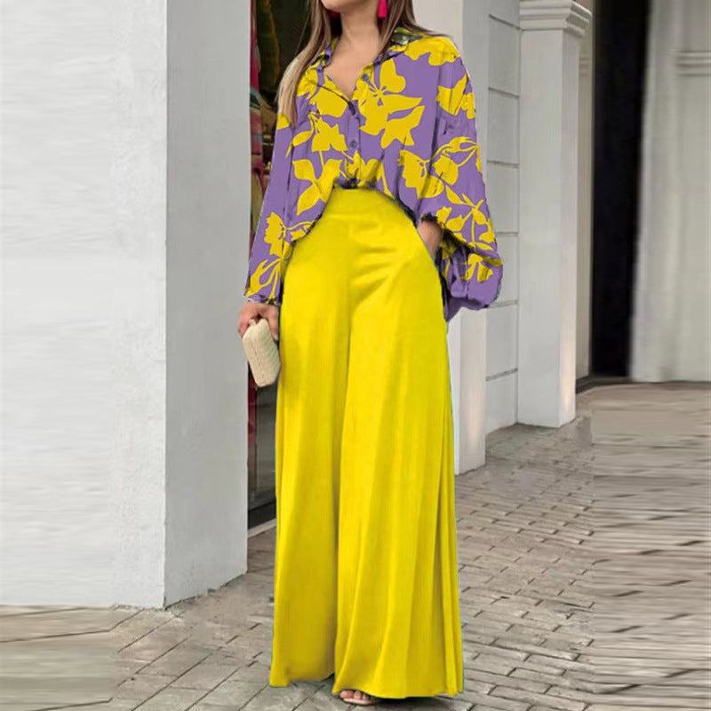 Women’s Solid Color Long Sleeve Polyester Pantsuit – Elegant Two-Piece Trousers Set