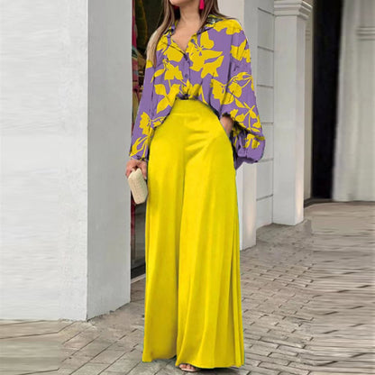Women’s Solid Color Long Sleeve Polyester Pantsuit – Elegant Two-Piece Trousers Set