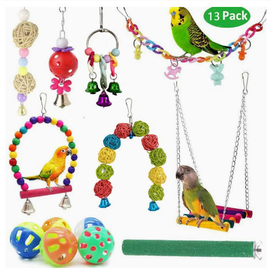 10-Piece Parrot Toy Set – Wooden Bead Revolving Ladder, Swing Stand, Wooden Ladder, Sepak Takraw & Gnawing Toys