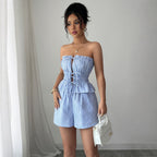 Women’s Striped Plaid Two-Piece Set – Lace-Up Sleeveless Top & Matching Shorts