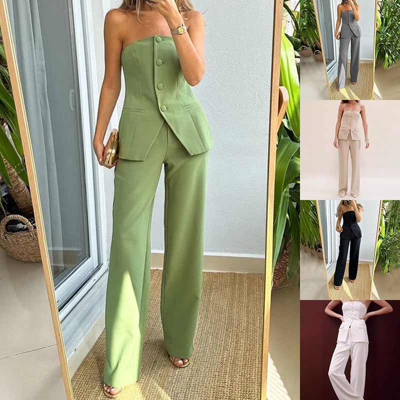 Women’s Elegant Two-Piece Set – Sleeveless Button Top & Full-Length Trousers for Work, Casual, and Evening Wear