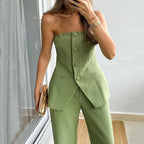 Elegante tweedelige set voor dames – mouwloze top met knoopjes en lange broek voor werk, vrije tijd en avondkleding