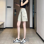 Women’s Street Fashion Elastic Waist Pocket Pants – Thin Polyester Fifth Pants