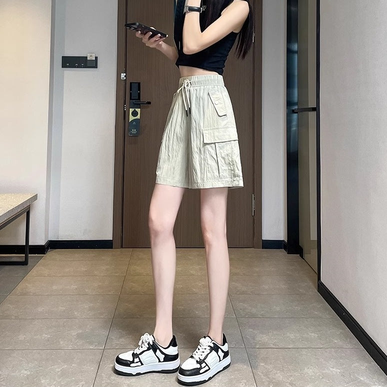 Women’s Street Fashion Elastic Waist Pocket Pants – Thin Polyester Fifth Pants