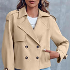 Women’s Double-Breasted Long Sleeve Coat – Elegant Polyester Blazer for Office & Casual Wear