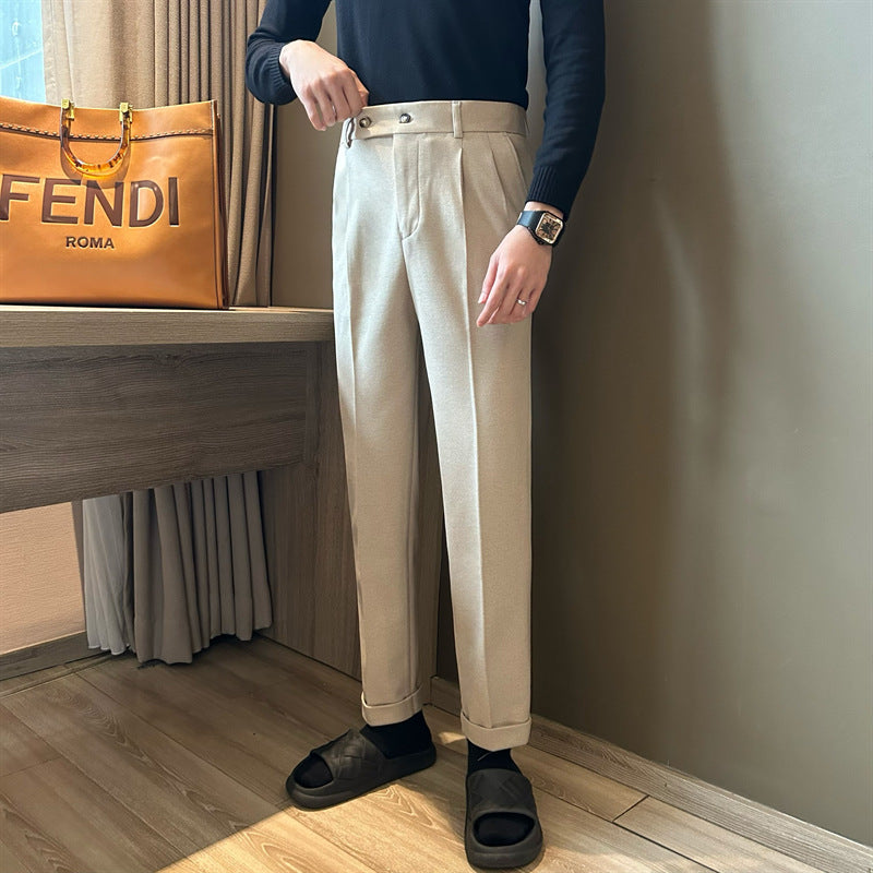 Mid-Waist Drawstring Straight Trousers