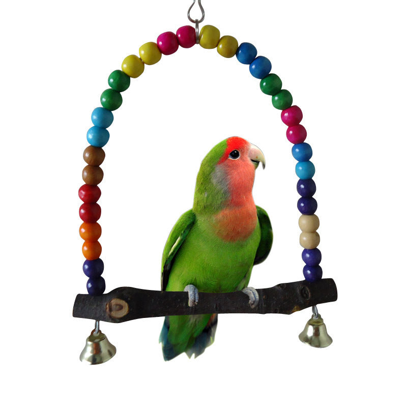Hanging Wooden Bird Swing with Bells and Colorful Beads