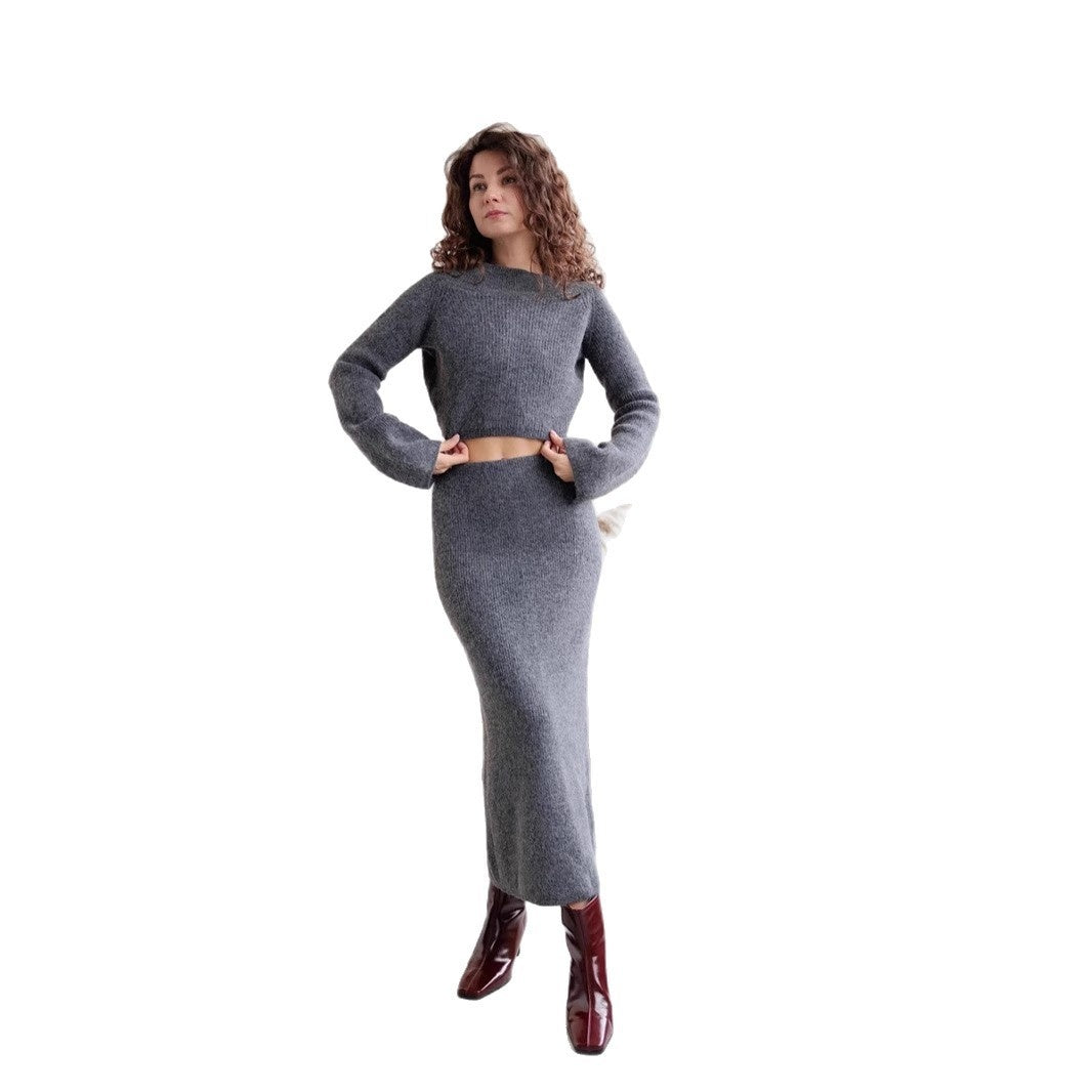 Women’s Solid Color Long Sleeve Sweater & Skirt Set – Acrylic Korean Casual Two-Piece Outfi